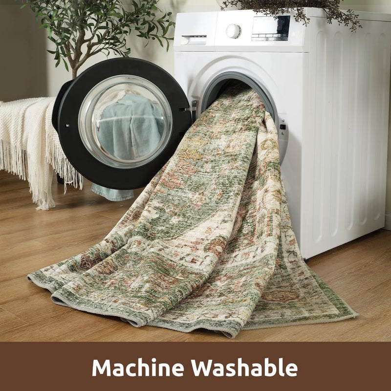 AMOAMI-4X6 Area Rugs for Living Room -Soft Vintage Bedroom Rugs-Non Slip Washable Rug-Throw for Living Room Bedroom Bedside Dining Room Office Green - Image 4