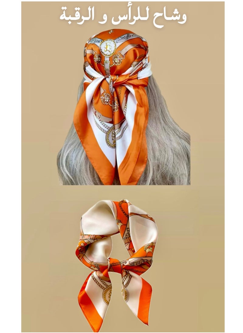 Generic Silky women's headscarf, soft and lightweight, a neck and hair scarf, a hair and headband, hair wrap, in a distinctive design of orange satin.  - Image 1