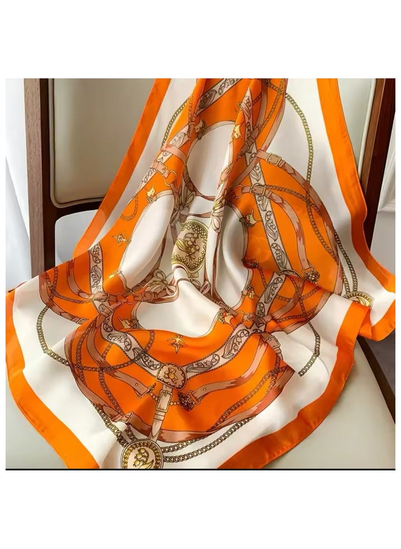 Generic Silky women's headscarf, soft and lightweight, a neck and hair scarf, a hair and headband, hair wrap, in a distinctive design of orange satin.  - Image 3
