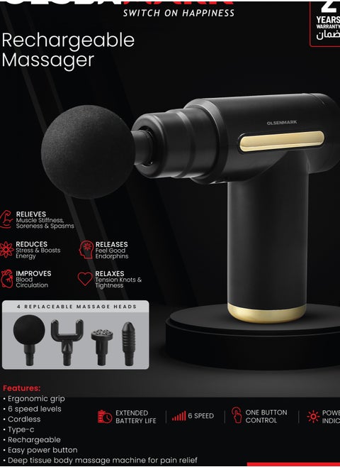 Olsenmark Rechargeable Massager OMM4122, Cordless, Easy One Touch Control, with an Ergonomic Grip, 6 Intensity Level, with Power Indicator, 4 Replaceable Heads, for Full-Body, Black, 2 Years Warranty