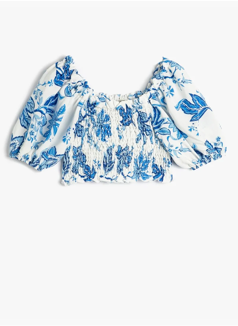 كوتون Crop Blouse Gimped Detail Short Puff Sleeve Shoulder Off