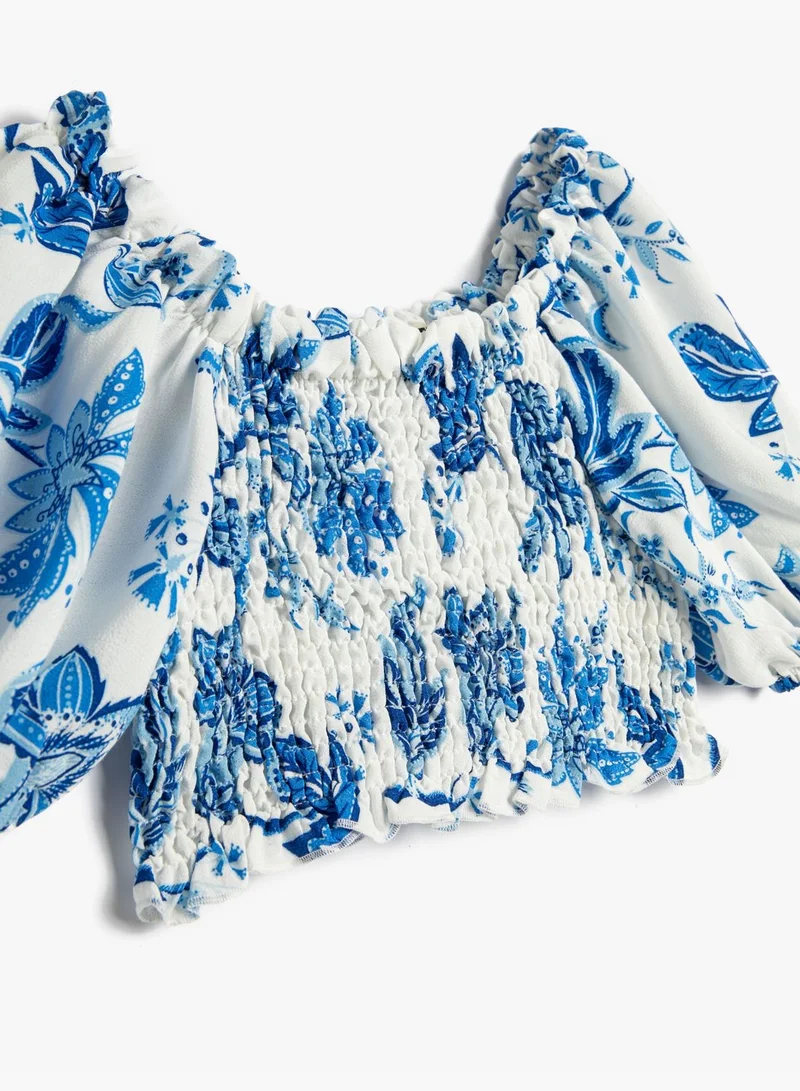 KOTON Crop Blouse Gimped Detail Short Puff Sleeve Shoulder Off