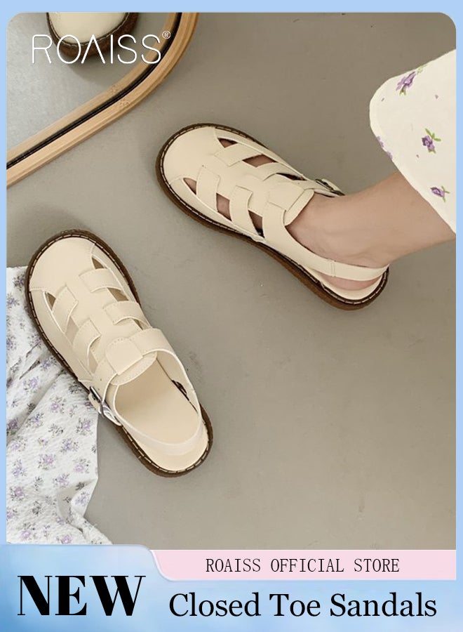 roaiss Ladies Solid Color Flat Shoes Ladies Rubber Sole Strap Sandals Snap Button Adjustable Size Mary Jane Beach Sandals Women's Breathable Comfortable Non-Slip Sandals - Image 4