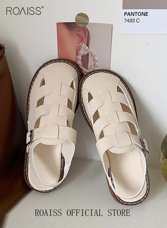 roaiss Ladies Solid Color Flat Shoes Ladies Rubber Sole Strap Sandals Snap Button Adjustable Size Mary Jane Beach Sandals Women's Breathable Comfortable Non-Slip Sandals - Image 1