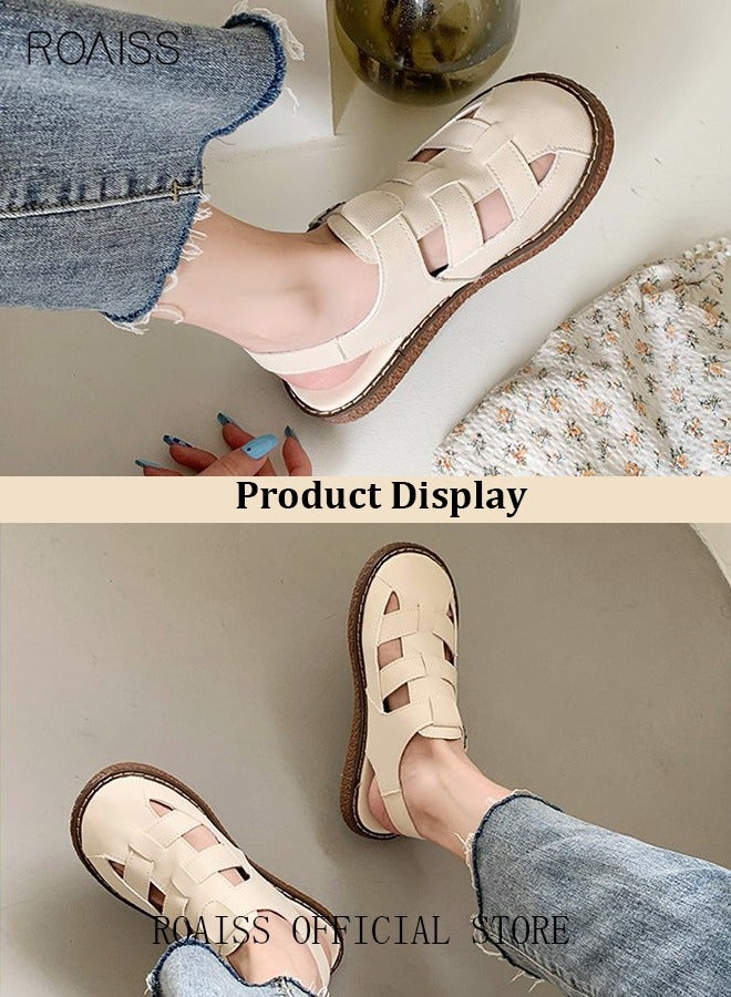 roaiss Ladies Solid Color Flat Shoes Ladies Rubber Sole Strap Sandals Snap Button Adjustable Size Mary Jane Beach Sandals Women's Breathable Comfortable Non-Slip Sandals - Image 2