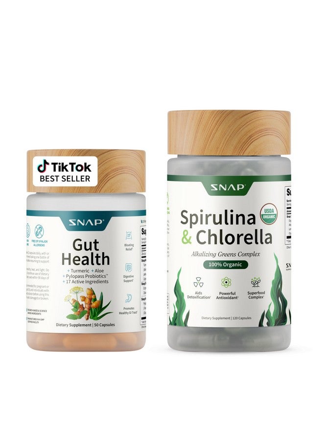 SNAP SUPPLEMENTS Gut Health & Spirulina Chlorella Bundle - Turmeric, Aloe, Pylopass Probiotics & Alkalizing Greens Complex - Digestive, Detox & Antioxidant Support - 50 + 120 Capsules - Image 1