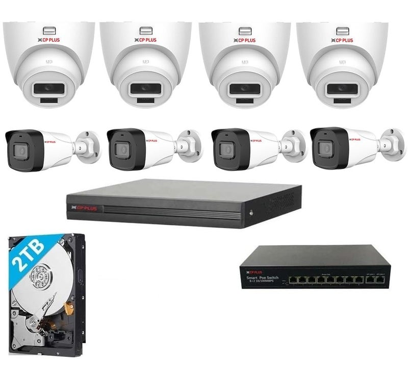 CP Plus 8 Nos 4 MP IP Network CCTV Camera Kit with CP Plus 8 CH NVR4MP IP Bullete Outdoor Camera 4Pcs4MP IP Dome Indoor Camera 4Pcs2 TB Hard DriveCP Plus 82 Port POE Switch - Image 1