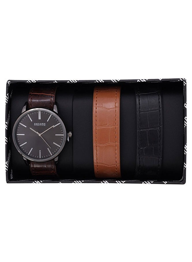 ANDIAMO Men's Analog Black Case Dark Brown Leather Strap Set Watch 