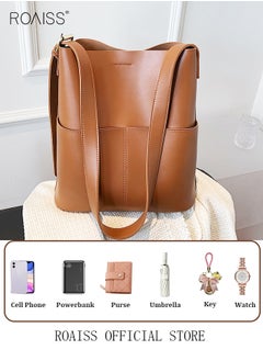 roaiss Women PU Leather Shoulder Bag Large Capacity Fashionable and Versatile Crossbody Bag Casual Daily Shoulder Bag Bucket Bag  - Image 4