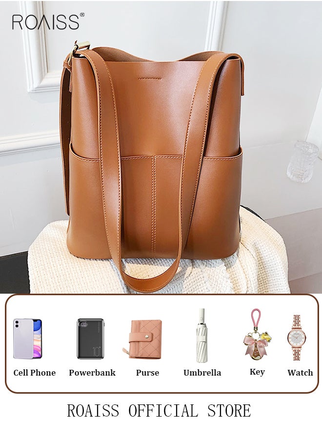 roaiss Women PU Leather Shoulder Bag Large Capacity Fashionable and Versatile Crossbody Bag Casual Daily Shoulder Bag Bucket Bag  - Image 4