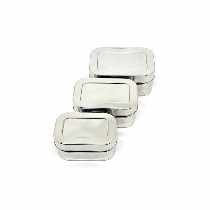 STAINLESS STEEL MINI RECTANGLE STORAGE BOX | CONTAINERS WITH LID SET OF 3 PCS |150 ML, 200 ML & 250 ML|, SILVER
