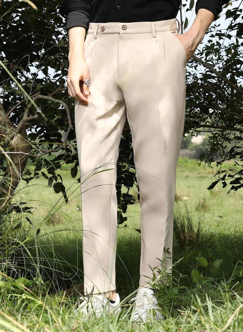 Campus Sutra Men's Latte Beige Korean Tailored Trousers For Casual Wear | Low-Rise | 3 Pockets | Button Closure | Trousers Crafted With Comfort Fit For Everyday Wear