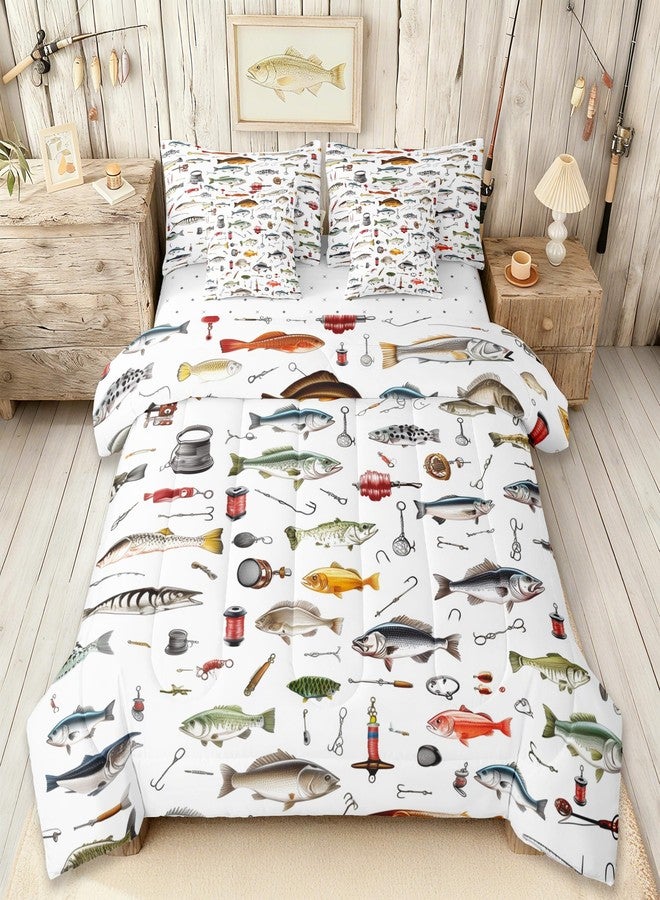 Homewish Fishing Reversible Comforter Set 7 Piece Twin Size,Fishing Rod and Hook Bed Sheet Set for Kids Fish Pattern Theme Comforter Bass Fish Bedding Set with Comforter,Fitted & Flat Sheet,Pillowcase - Image 1