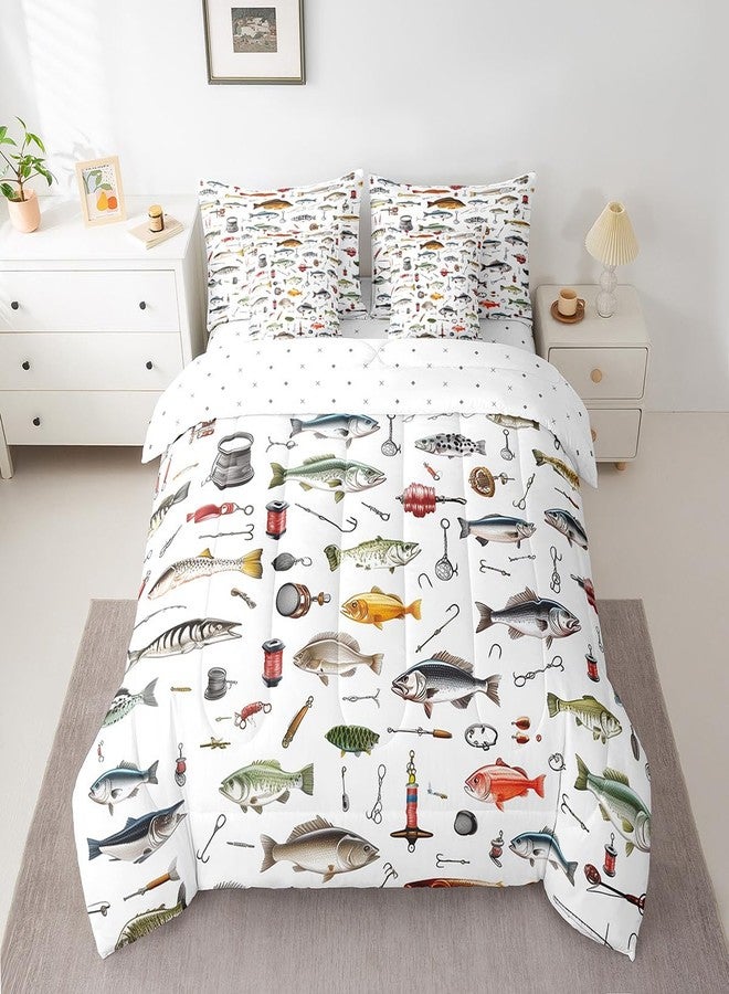 Homewish Fishing Reversible Comforter Set 7 Piece Twin Size,Fishing Rod and Hook Bed Sheet Set for Kids Fish Pattern Theme Comforter Bass Fish Bedding Set with Comforter,Fitted & Flat Sheet,Pillowcase - Image 3