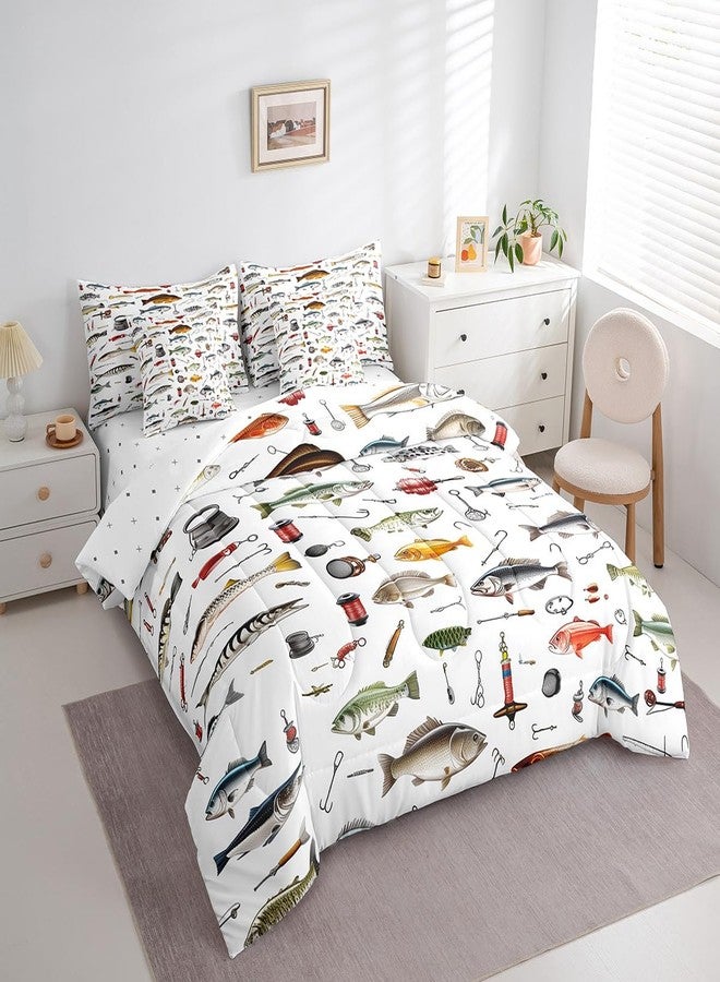 Homewish Fishing Reversible Comforter Set 7 Piece Twin Size,Fishing Rod and Hook Bed Sheet Set for Kids Fish Pattern Theme Comforter Bass Fish Bedding Set with Comforter,Fitted & Flat Sheet,Pillowcase - Image 2