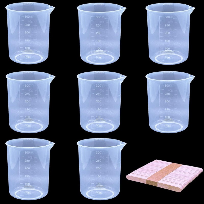 MYYZMY 9 Pack Plastic Beakers, 300ml/10.1oz Epoxy Mixing Cups, Plastic Graduated Cup Clear Measuring Cup with 50 Pcs Mixing Sticks for Resin, Epoxy, Stain, Mixing Paint - Image 1