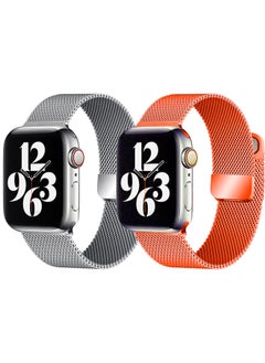 [set of 2] YOMNA Magnetic Metal Milanese Loop Band Compatible with Apple Watch Band 42mm 44mm 45mm 49mm, Mesh Strap Replacement for iWatch Series Ultra SE 8 7 6 5 4 3 2 1 (Silver/Orange)