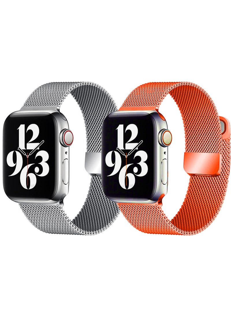 YOMNA - [set of 2] YOMNA Magnetic Metal Milanese Loop Band Compatible with Apple Watch Band 42mm 44mm 45mm 49mm, Mesh Strap Replacement for iWatch Series Ultra SE 8 7 6 5 4 3 2 1 (Silver/Orange) - Image 1