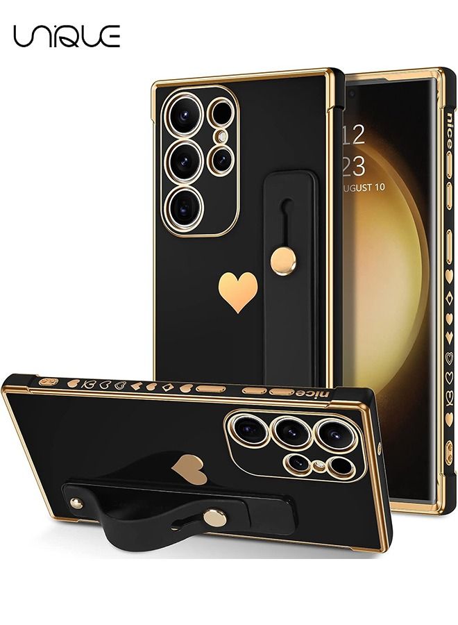 Unique Compatible Samsung Galaxy S23 Ultra 5G Enclosure with Finger Strap Luxury Cute Heart Electroplating Phone Case Full Body Protection Stand Cover for Galaxy S23 Ultra 5G 2023 Female Girl - Black - Image 1