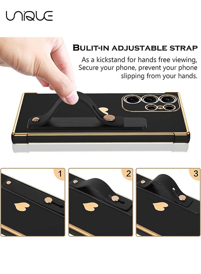 Unique Compatible Samsung Galaxy S23 Ultra 5G Enclosure with Finger Strap Luxury Cute Heart Electroplating Phone Case Full Body Protection Stand Cover for Galaxy S23 Ultra 5G 2023 Female Girl - Black - Image 4