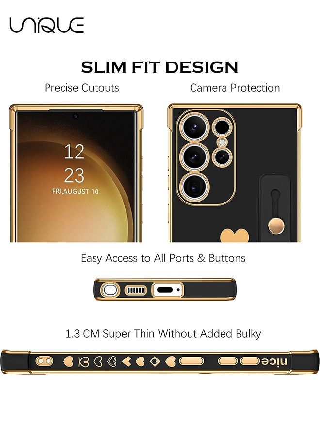 Unique Compatible Samsung Galaxy S23 Ultra 5G Enclosure with Finger Strap Luxury Cute Heart Electroplating Phone Case Full Body Protection Stand Cover for Galaxy S23 Ultra 5G 2023 Female Girl - Black - Image 2