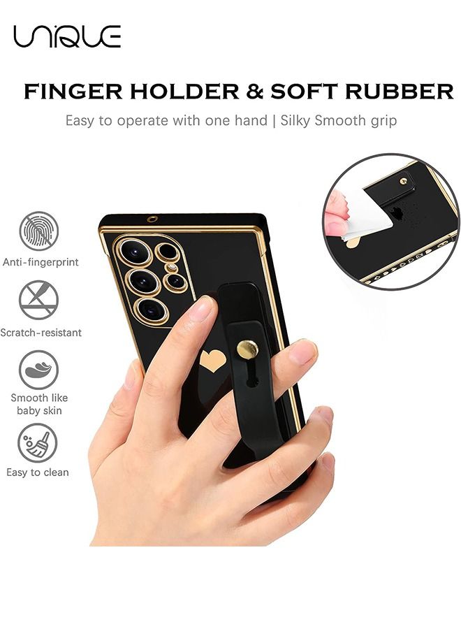 Unique Compatible Samsung Galaxy S23 Ultra 5G Enclosure with Finger Strap Luxury Cute Heart Electroplating Phone Case Full Body Protection Stand Cover for Galaxy S23 Ultra 5G 2023 Female Girl - Black - Image 3
