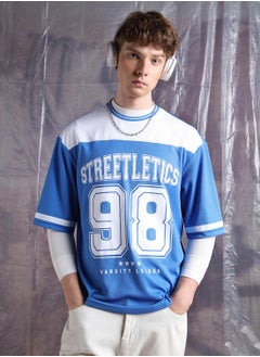 Blue Oversized Tshirts Printed design crafted from 100% Polyester featuring Half Sleeve with Slip on closure.