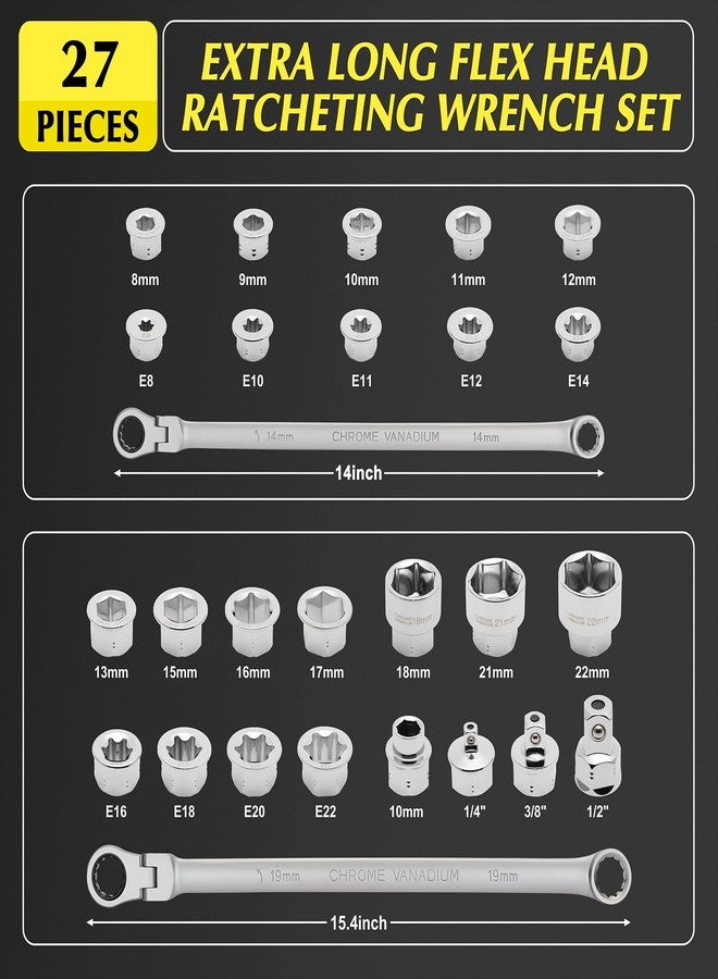 EMENTOL 27PCS Extra Long Flex Head Ratcheting Wrench Set, CR-V, Double Box End Ratchet Wrench Set with 8mm - 22mm, E8 - E22, 1/4", 3/8", 1/2" Socket Adapters Replacement Heads - Image 2
