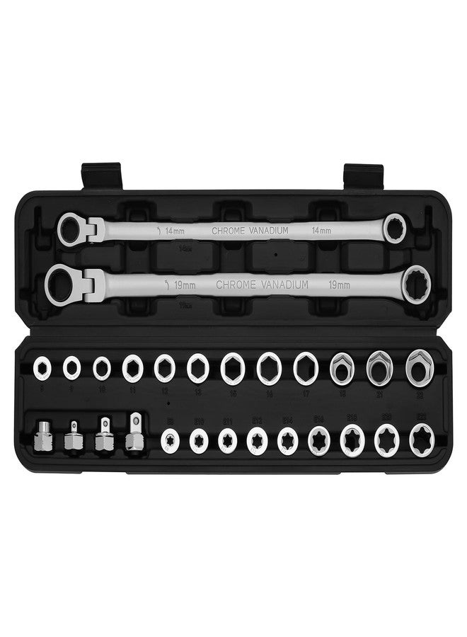 EMENTOL 27PCS Extra Long Flex Head Ratcheting Wrench Set, CR-V, Double Box End Ratchet Wrench Set with 8mm - 22mm, E8 - E22, 1/4", 3/8", 1/2" Socket Adapters Replacement Heads - Image 1