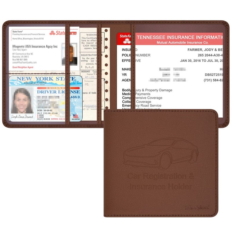 Techion Car Registration and Insurance Holder, 5-1/2 x 5 Inch Premium Leather Vehicle Glove Box Organizer Case for License, Card and Essential Documents - Brown - Image 1