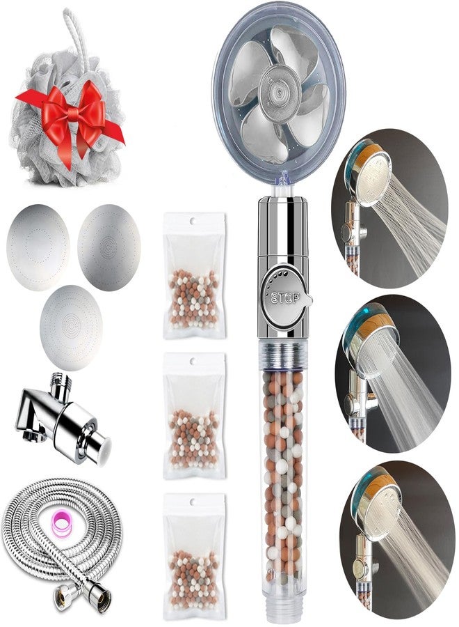 Vphom Hydro Jet High Pressure Filtered Shower Head Handheld Turbo Fan Shower Kit with Replacement Hose/Bracket/Cotton Filters and Bath Loofah, 3 Water Panels for Different Experience - Image 1