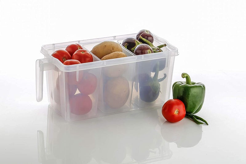 KBS Plastic Refrigerator Food Storage Organizer Box Container Clear With Lid Handle And 3 Smaller Bins (Pack Of 1) - Image 2