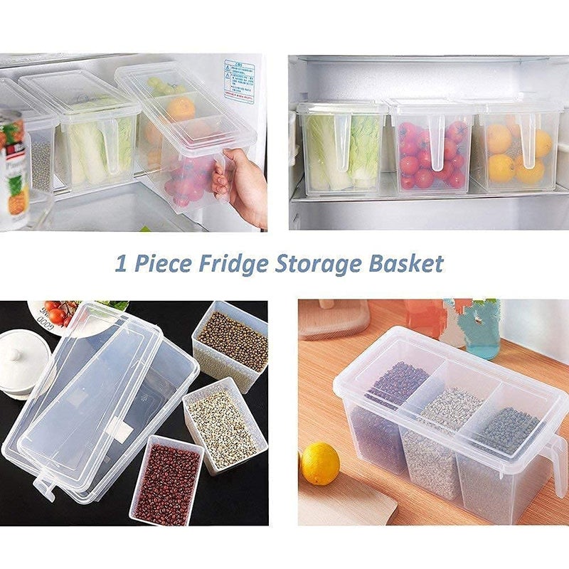 KBS Plastic Refrigerator Food Storage Organizer Box Container Clear With Lid Handle And 3 Smaller Bins (Pack Of 1) - Image 3