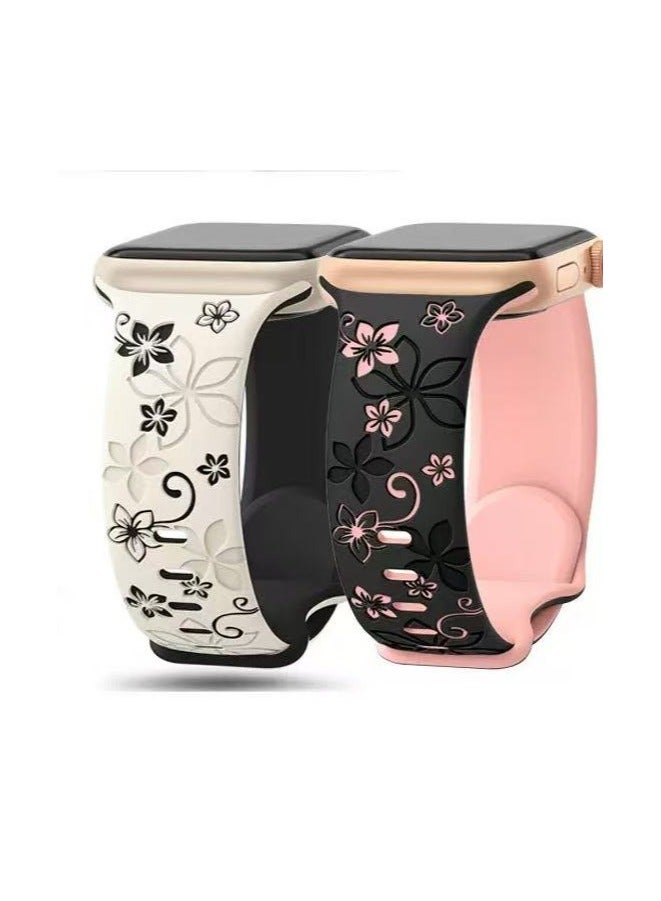 Flower Strap Compatible Apple Watch Series11 10 with 42mm/ 44mm /45mm /49mm Lady Cute Flower iWatch Band for iWatch Series SE/Ultra 10 9 8 7 6 5 4 3 2 1 Starlight, Black/Black, Pink - Image 1