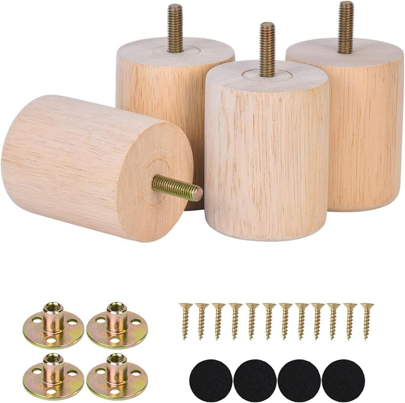 Maricome 3 inch Unfinished Wooden Furniture Legs Set of 4 Predrilled M8 Bolt, Wood Replacement Feet with Mounting Nuts and Screws for Dresser Ottoman Cabinets Chair - Image 1
