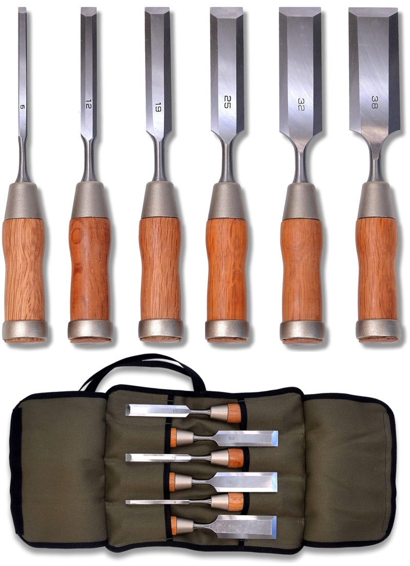 KAKURI Japanese Wood Chisel Set 6 Pcs, Japanese & Western Mixed Style, Made in JAPAN, Professional Heavy Duty Chisels NOMI with Carrying Case for Woodworking, Red Oak Wood Handle - Image 1