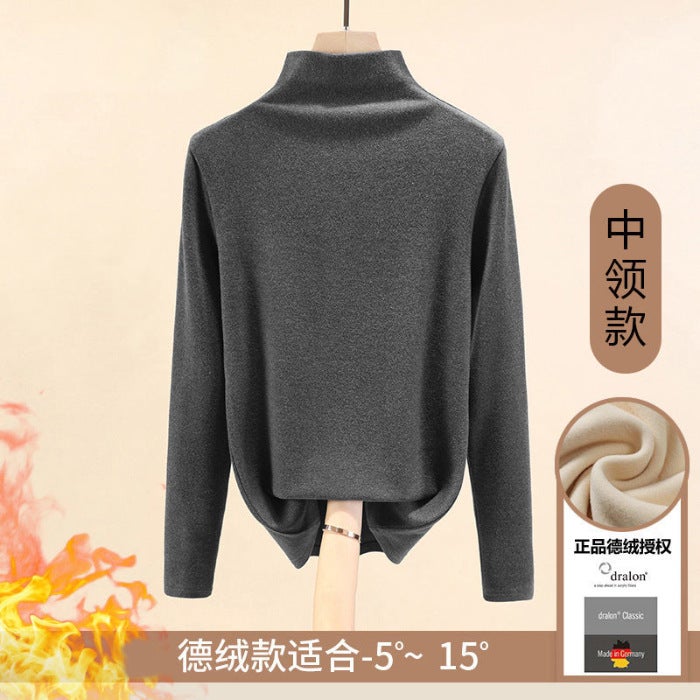 Double-sided Velvet Semi-high Collar Base Shirt Womens Spring Autumn and Winter Interior fleece-lined Thickened 2023 Womens Warm Top Western Style Apricot - Image 5