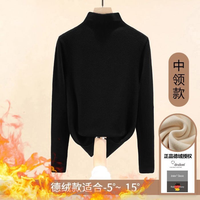 Double-sided Velvet Semi-high Collar Base Shirt Womens Spring Autumn and Winter Interior fleece-lined Thickened 2023 Womens Warm Top Western Style Apricot - Image 4