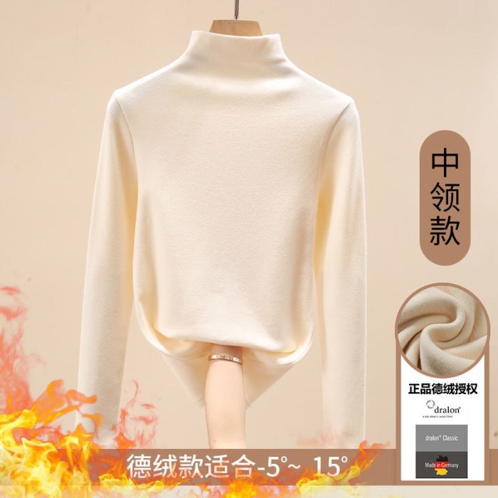 Double-sided Velvet Semi-high Collar Base Shirt Womens Spring Autumn and Winter Interior fleece-lined Thickened 2023 Womens Warm Top Western Style Apricot - Image 1