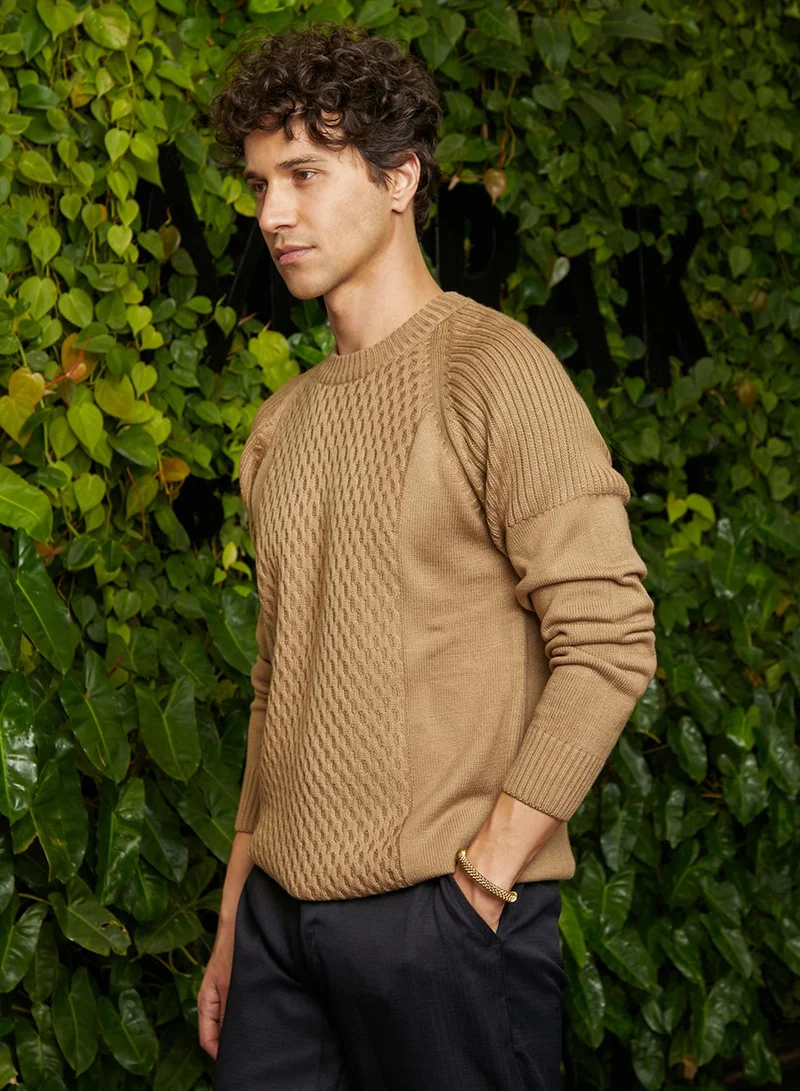 Campus Sutra Men's Camel Beige Hive-Knit Pullover Sweater