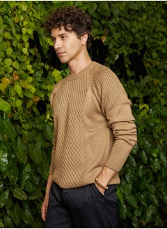 Campus Sutra Men's Camel Beige Hive-Knit Pullover Sweater  - Image 3