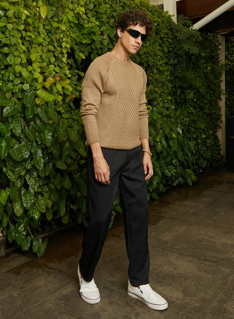 Campus Sutra Men's Camel Beige Hive-Knit Pullover Sweater