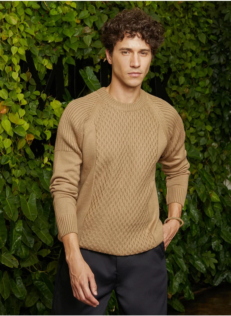 Campus Sutra Men's Camel Beige Hive-Knit Pullover Sweater