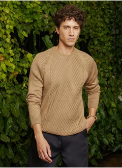 Campus Sutra Men's Camel Beige Hive-Knit Pullover Sweater  - Image 2
