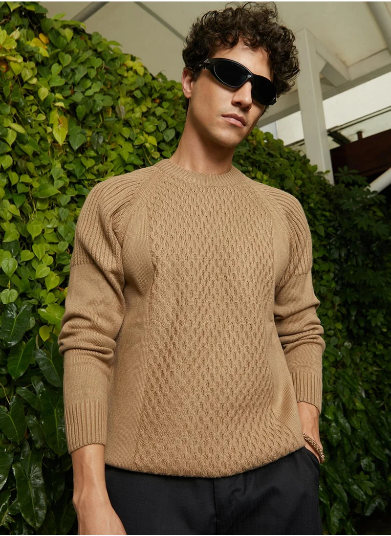 Campus Sutra Men's Camel Beige Hive-Knit Pullover Sweater