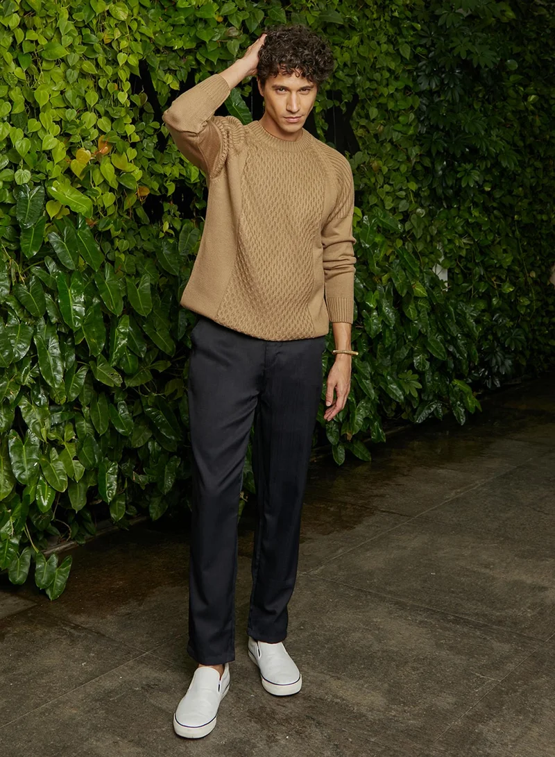 Campus Sutra Men's Camel Beige Hive-Knit Pullover Sweater