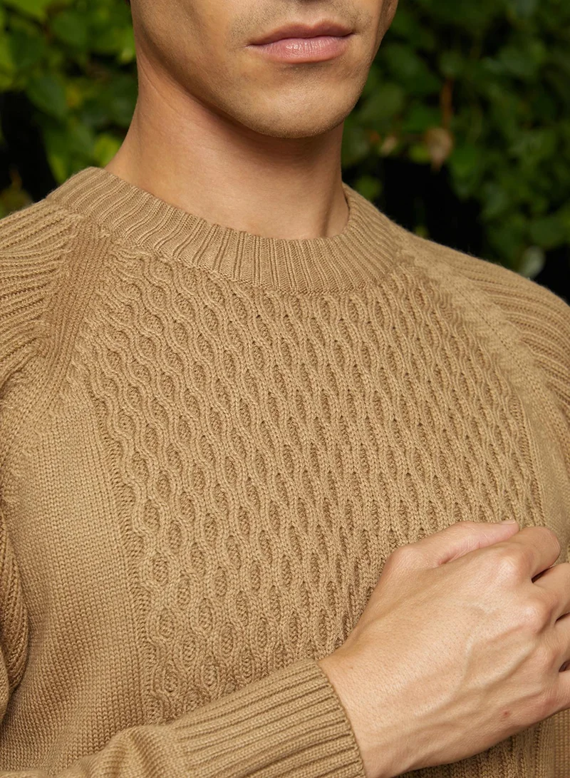Campus Sutra Men's Camel Beige Hive-Knit Pullover Sweater
