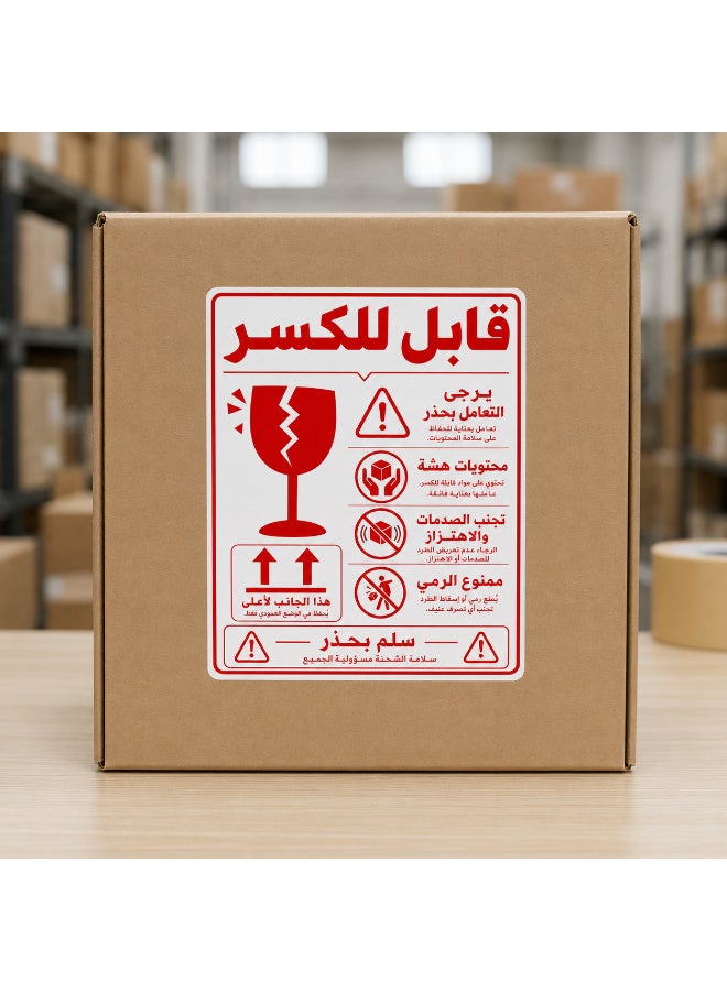 ملصقات تحذير للشحن ذاتية اللصق "قابل للكسر - يُرجى التعامل بعناية فائقة"، تصميم عربي احترافي وواضح باللون الأحمر لتأمين وحماية الشحنات الحساسة، مقاس عملي 18 × 12 سم، عبوة تحتوي على 50 قطعة - Image 3