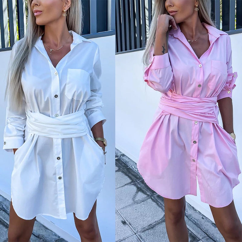 2023 New Lace-Up Cardigan Multi-Color Roll-Up Sleeve Dress Shirt White - Image 3