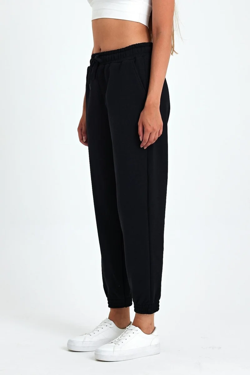 mmetalic Women's Black Cotton Thick Leg Elastic High Waist Casual Jogger Sweatpants